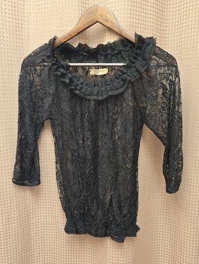 Romy Black Sheer Lace Ruffle Neck Blouse